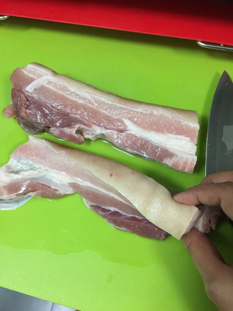 Remove the skin if your pork belly comes with it like mine.