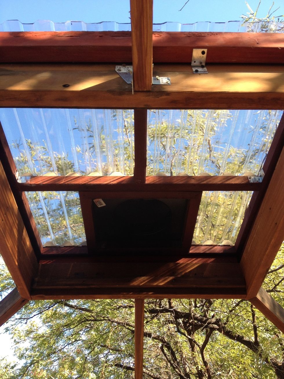 Remove the spa roofing slats and re-enforce the 2x4s. Rebuild roof box with a vent and piano hinge (to make it a hatch to open if needed), and top with the polycarbonate sheeting.