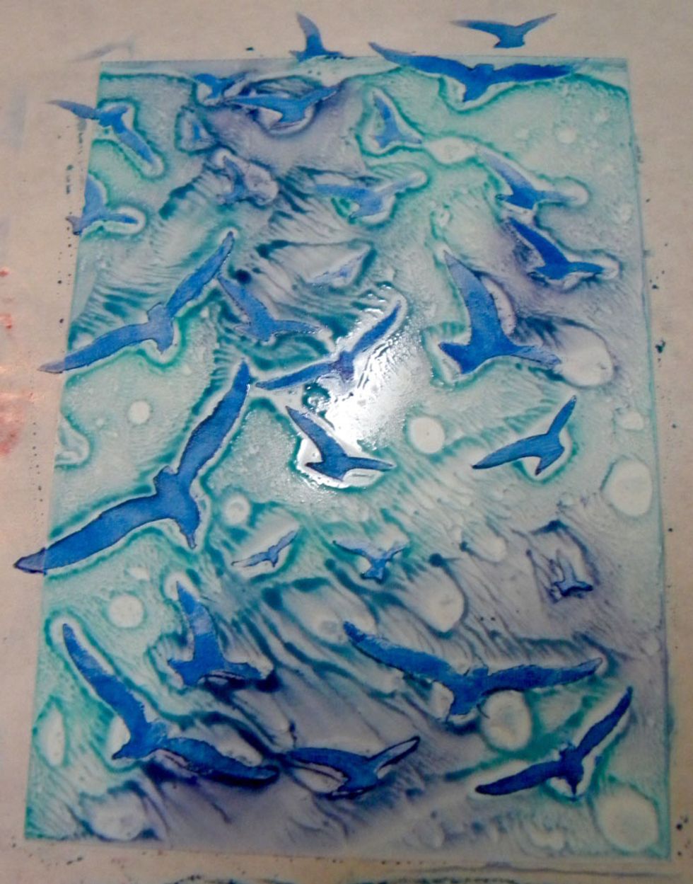 Remove the stencil and use a heat tool to dry the Minx. I learned that they will reconstitute with water, so they need to be sealed. More on that later.