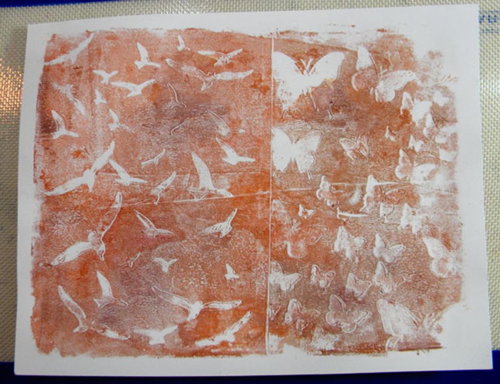 Remove the stencils from the plate and place another paper onto the Plate.  This is called the "ghost print", or the second print.  Sometimes I like the second print better than the first.