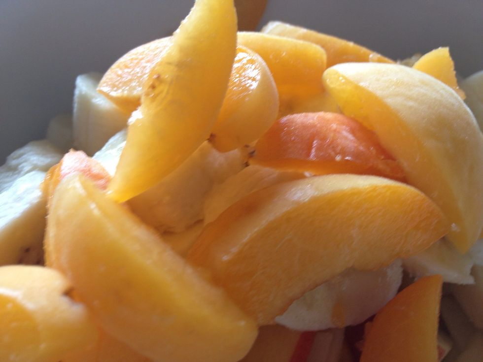 Remove the stone from the apricots and slice into thin strips. You are going for different shaped cuts from each fruit. It makes the whole thing look more delicious.