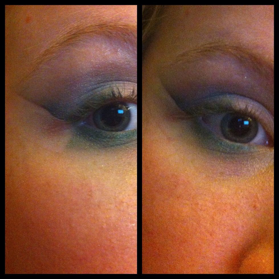 Remove the tape-don't worry if edge isn't perfect, because you'll line over it. As seen on left, lower lash line may be sloppy, so clean that edge by blending out with a brush or w/qtip and Vaseline.