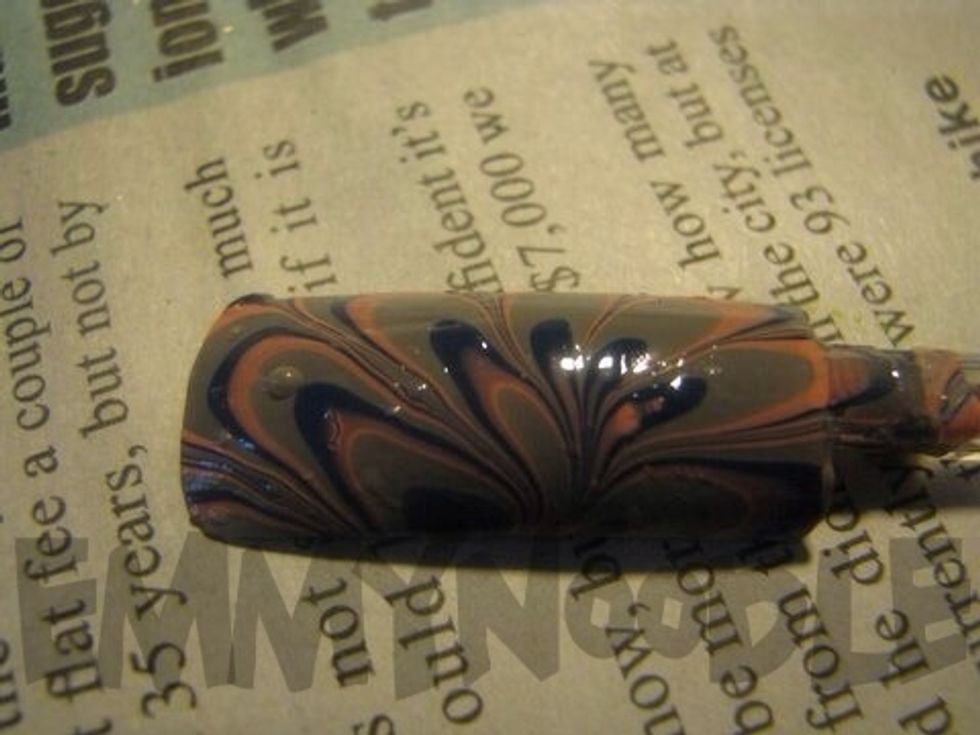 Remove the tape from your finger and use a small eyeliner brush dipped in acetone to clean up any excess polish around your cuticles. Allow the design to dry for 15 min before applying a topcoat.