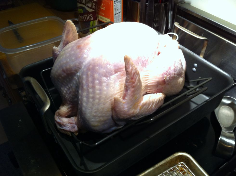 Remove the turkey from the refrigerator, remove giblets from cavity, and let it come to room temperature.