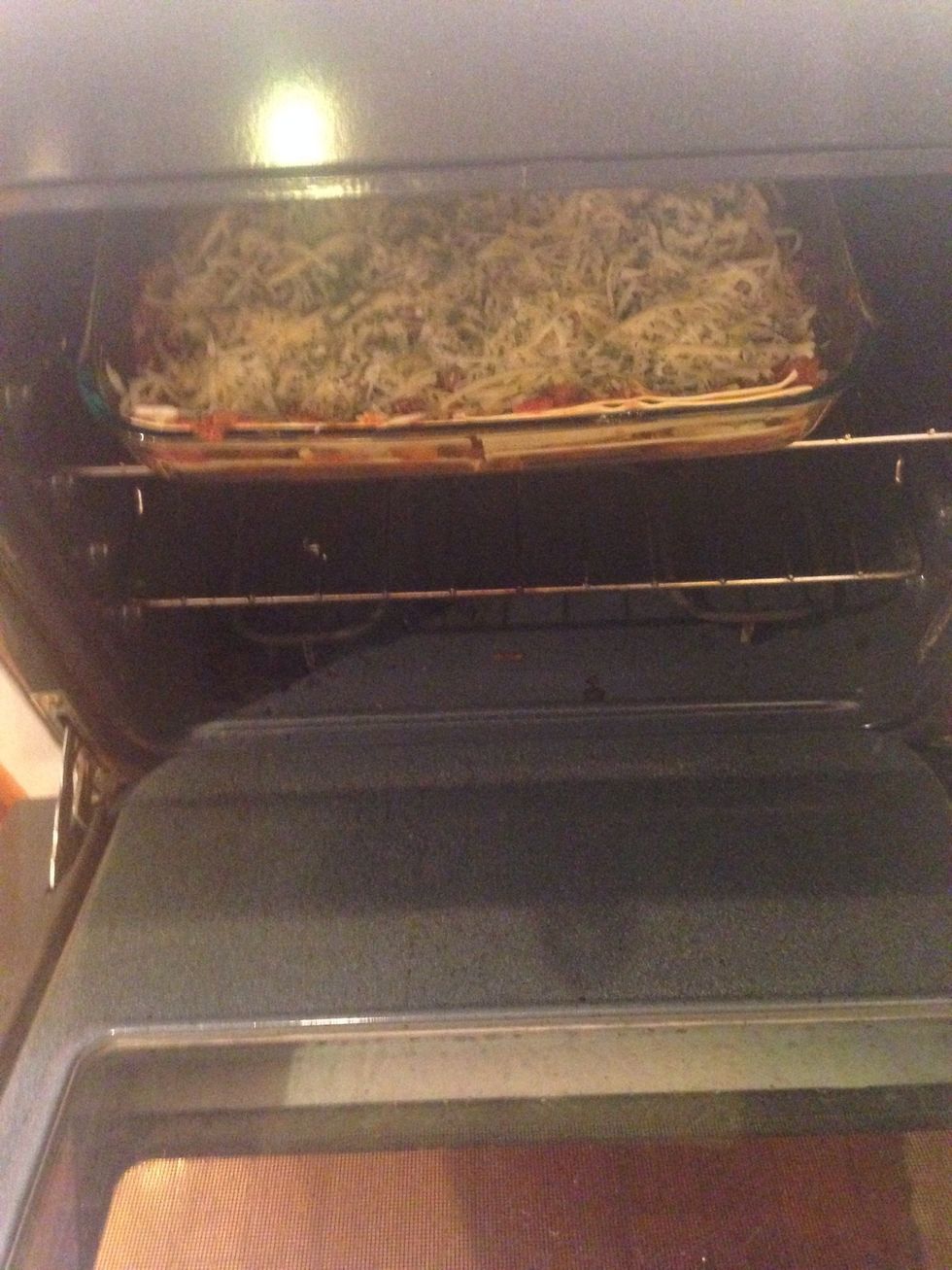 Remove tinfoil for last 10 minutes to brown the top of the lasagna.