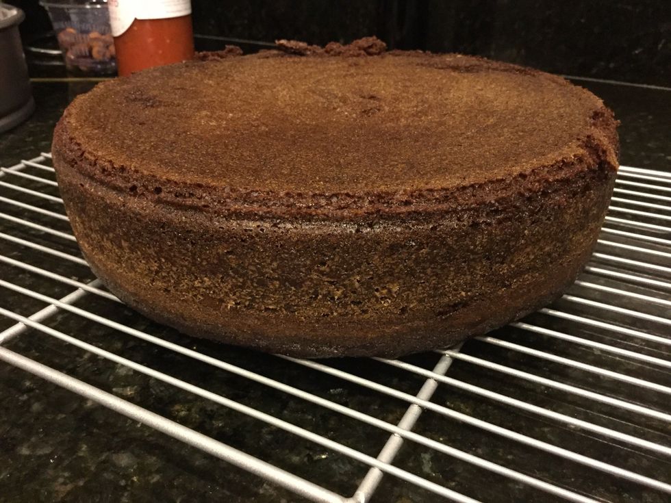 Remove your cake from the springform pan and transfer it to a sprayed cooling rack. If you do not have one, put your cake on an inverted paper plate punctured with holes. Let cool completely.