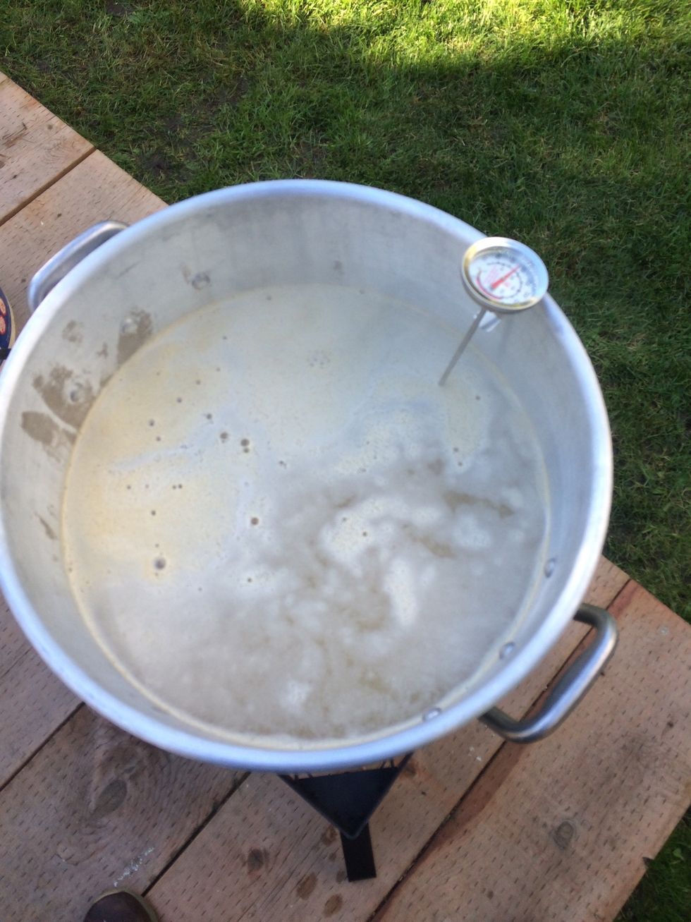 Remove your sparge bag and all of your grains. Place your wort pot on your propane burner and begin to bring your wort to a boil.
