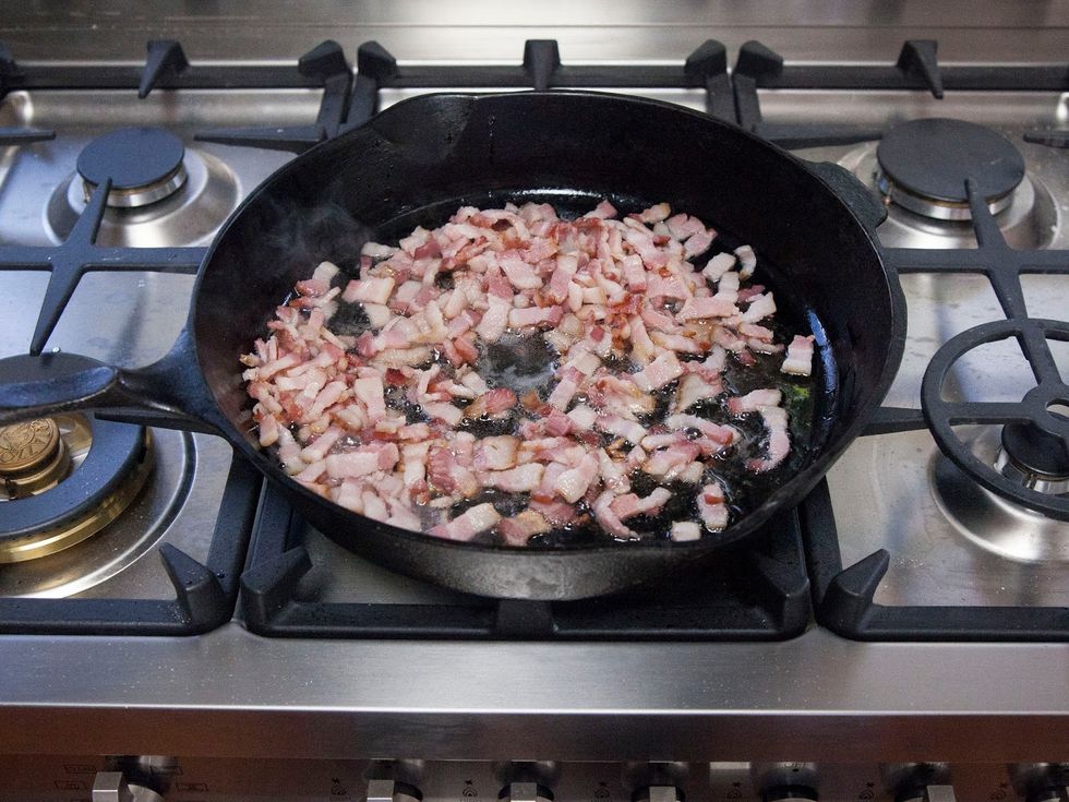 Render the bacon down. You're going to cook it so that it goes from this....