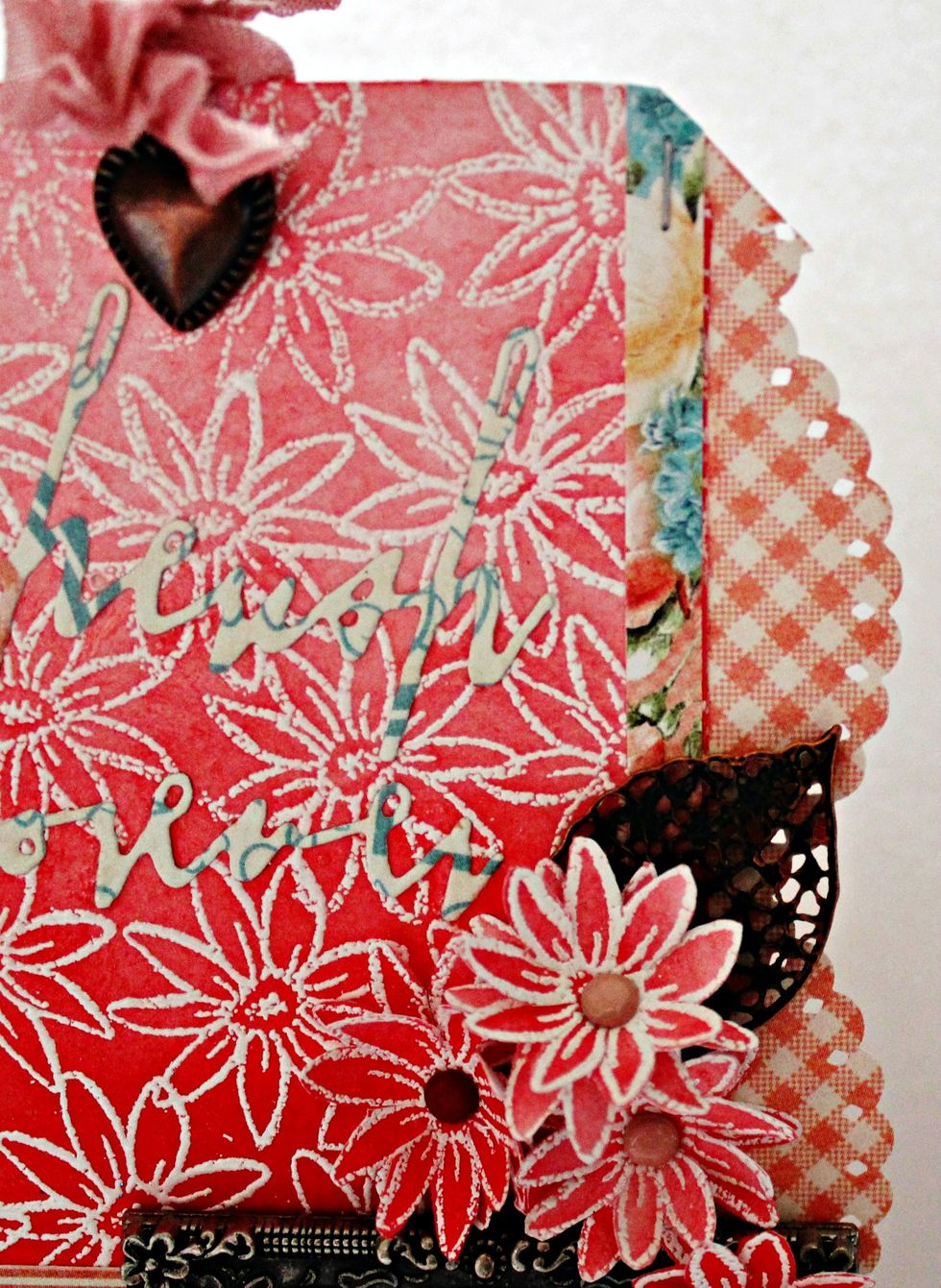 Repeat border punch with pattern paper, adhere under tag. Add strip of pattern paper to top of tag.