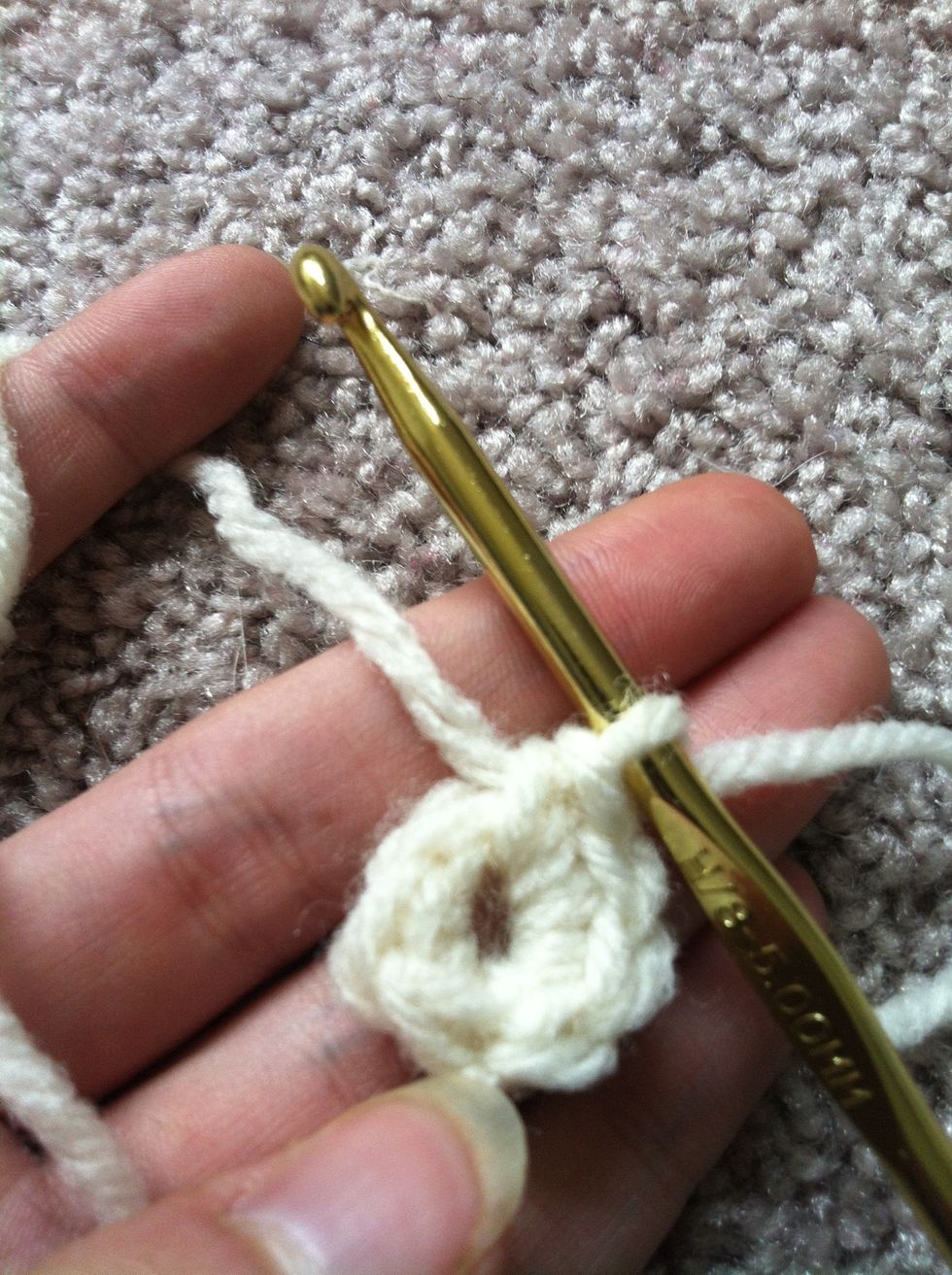 repeat doing this 5 more times. you should have 6 single crochet in your ring. (some patterns call for more or less stitches in your first round)
