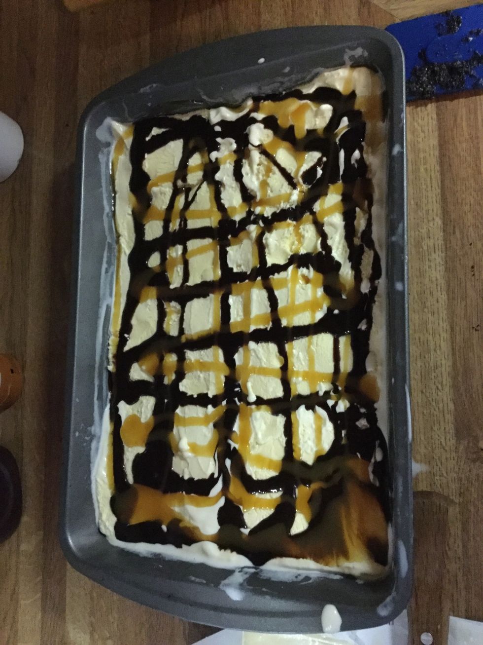 Repeat layering of ice cream and chocolate and caramel syrup for a second layer.