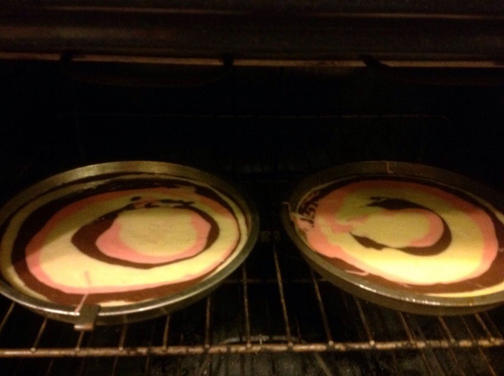 Repeat pattern until cake pans are full. Put in oven and bake for 15-17 minutes ate 350*F.