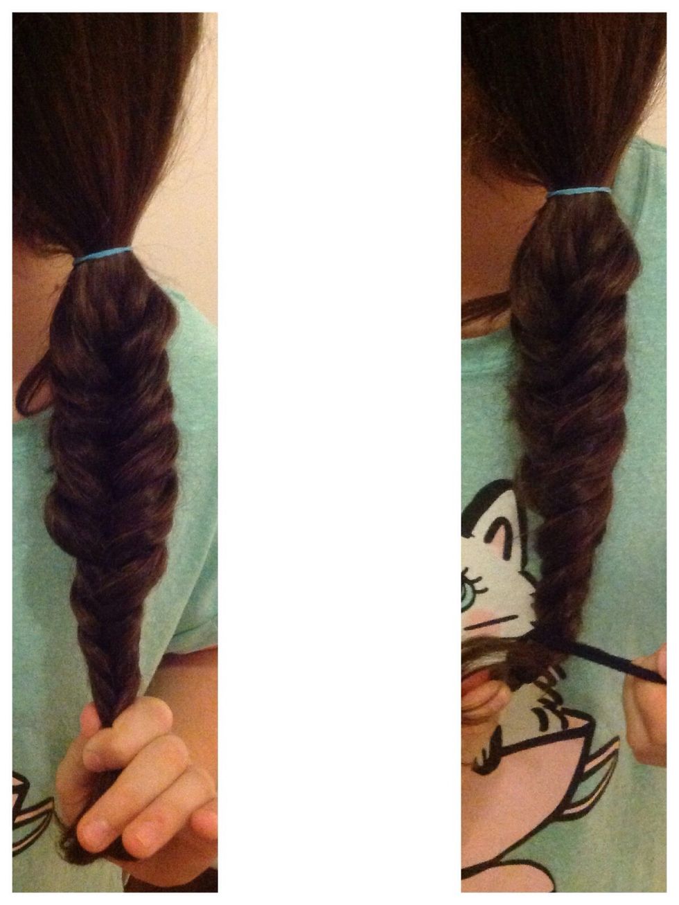 Repeat step 3 and 4 until you've basically reached the bottom of your hair. When you have finished the fishtail you can secure it by tying the end of your hair with your hair tie.