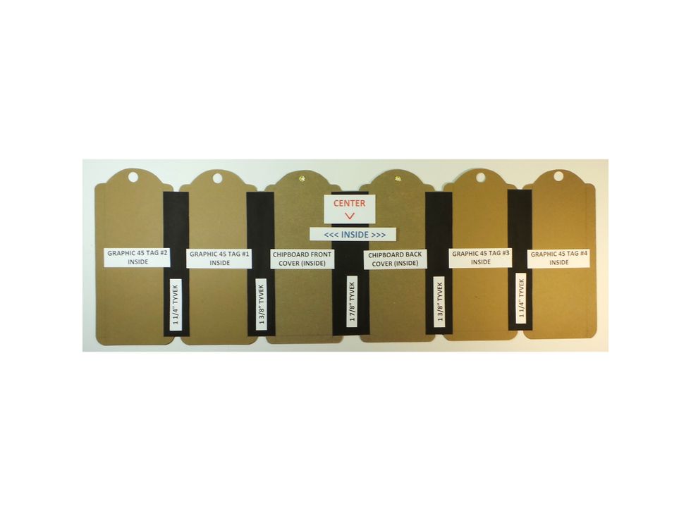 Repeat Steps 16-28 to add two Graphic 45 paper tags to the RIGHT SIDE, adding them to the other chipboard tag (the back cover). This photo shows what it should look like at this point.