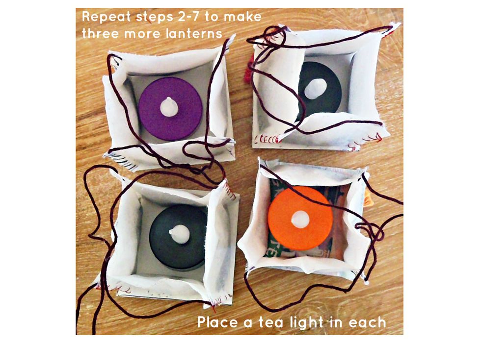 Repeat steps 2-7 to make three more lanterns. Place a tea light in each lantern.