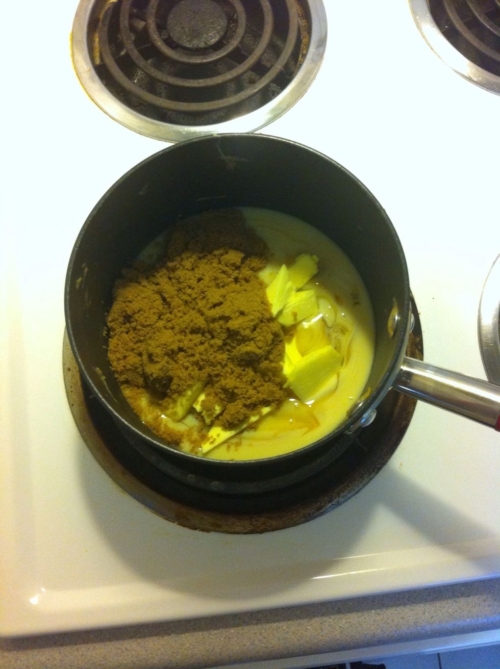 Repeat the steps for making the caramel - Place the remaining condensed milk, sugar, glucose syrup, golden syrup and butter in a heavy based saucepan over low heat.