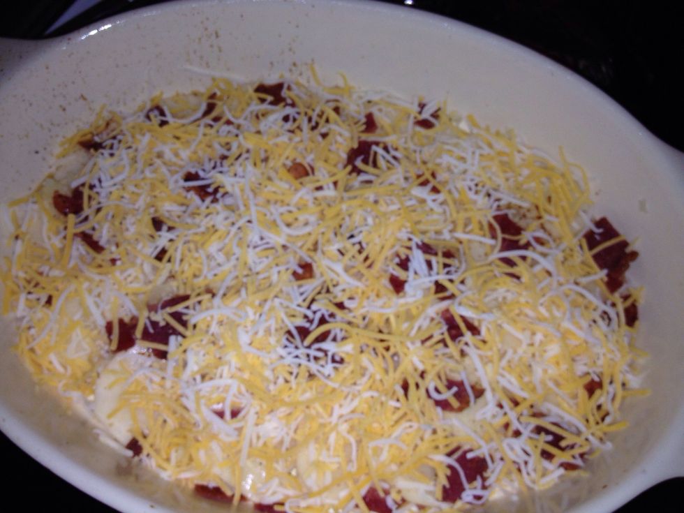 Repeat the steps until you have about two or three layers. Top with remaining cheese.
