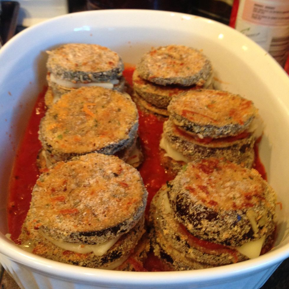 Repeat with as many layers as you want, finishing with a piece of eggplant on top. Bake at 350 Fahrenheit for 25-30 minutes.