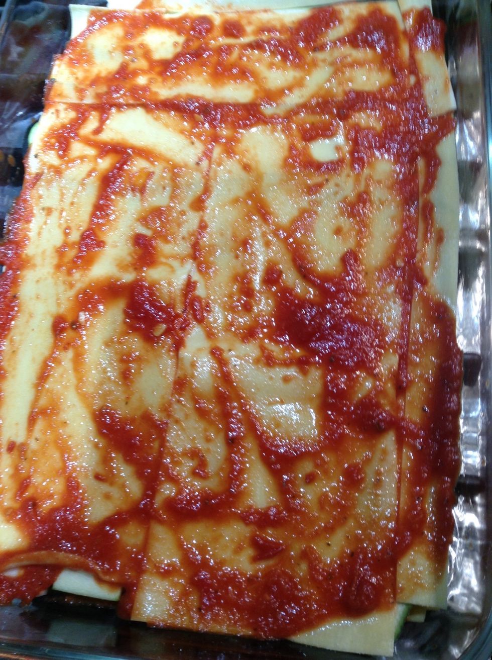 Repeat with pasta and sauce. Next layer egg plant.