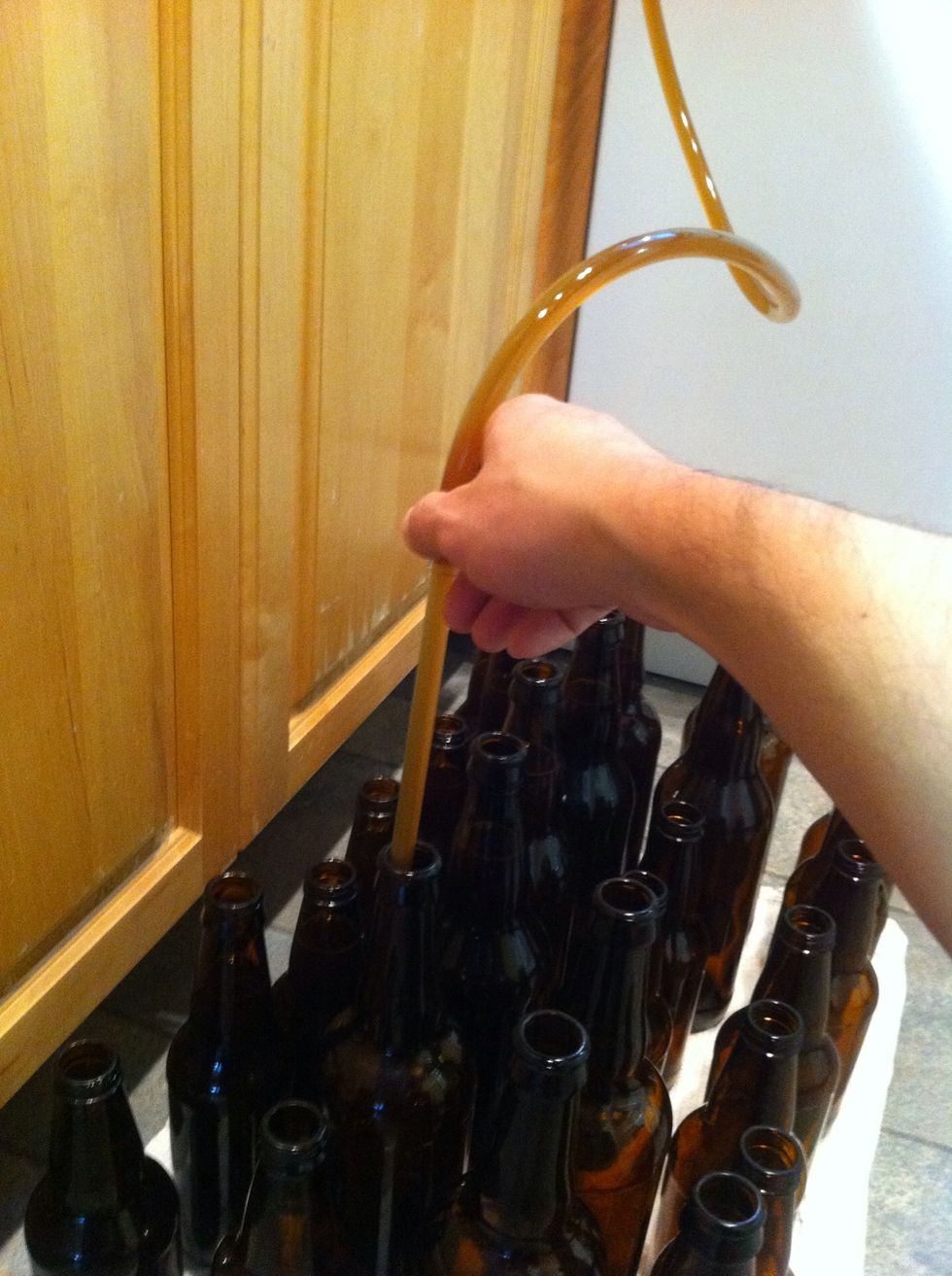 repeate this step to fill each bottle. I got some 22 ounce bottles cause I'm no fool. so I don't do 50 I'm more like 35. push the siphon into the bottom of the bottle to release the juice.