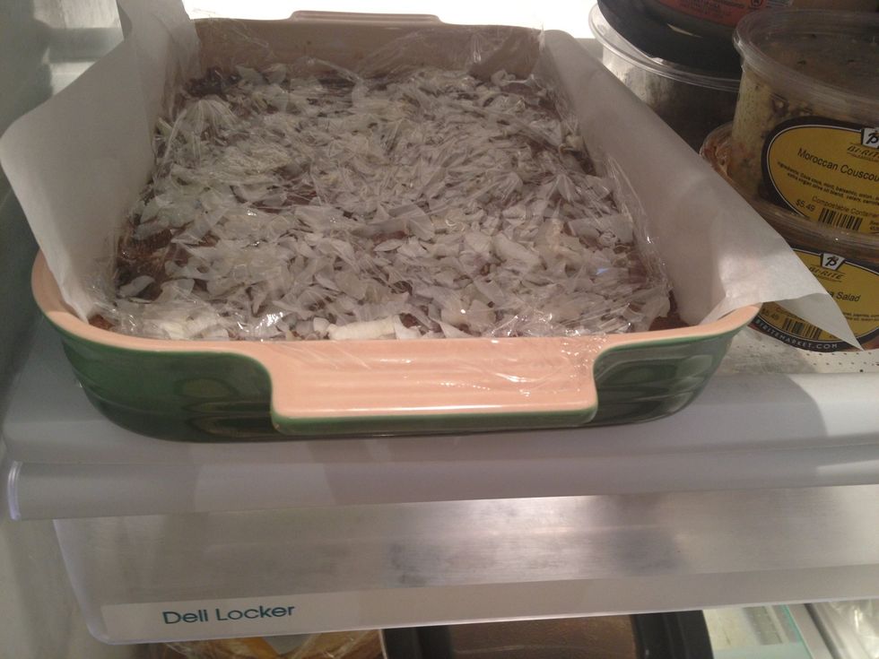 Replace the layer of plastic wrap, and place in the refrigerator. Refrigerate for a couple hours, or overnight if you have the time.