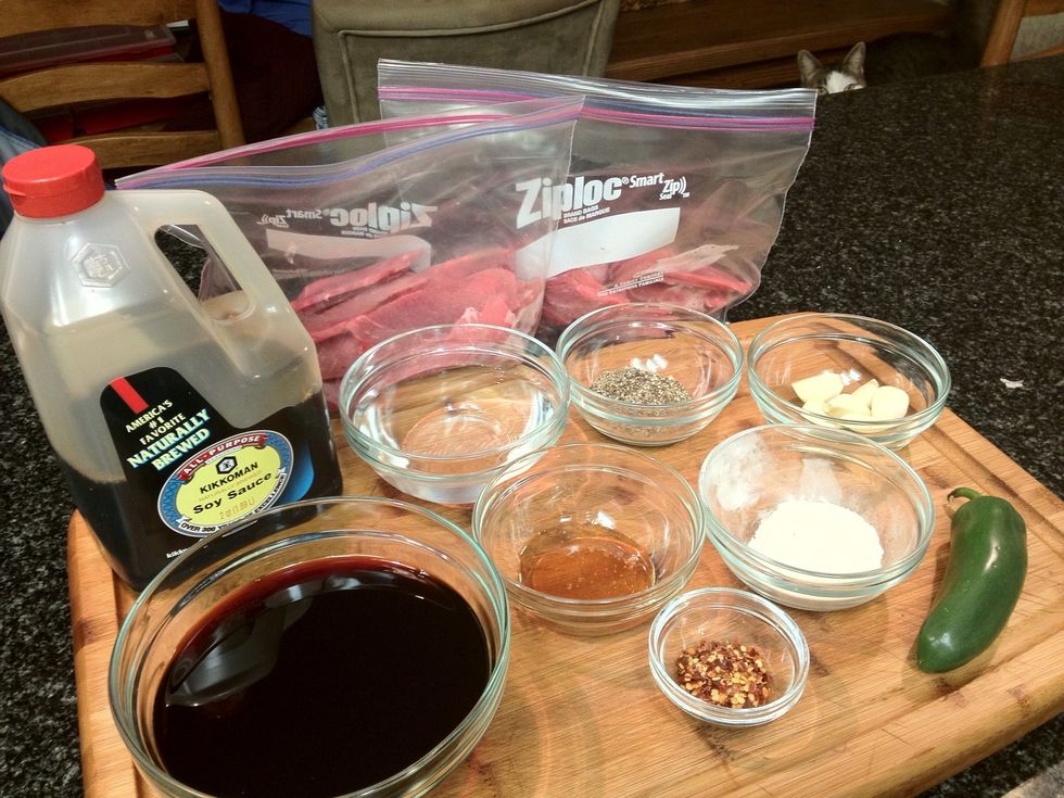 Reporting for duty: 2c Soy Sauce, 1c Water, 1tbsp Fresh Black Pepper, Six large cloves of Garlic, 2tbsp Honey (More next)