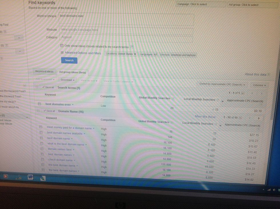 Research domain names and keywords (Google Keyword Tool)
