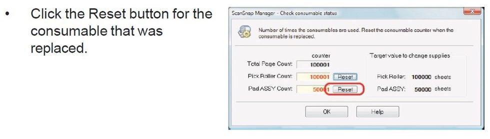 Reset the consumable counters by going back into the software as in step 1 and this time clicking the Reset button next to each part.