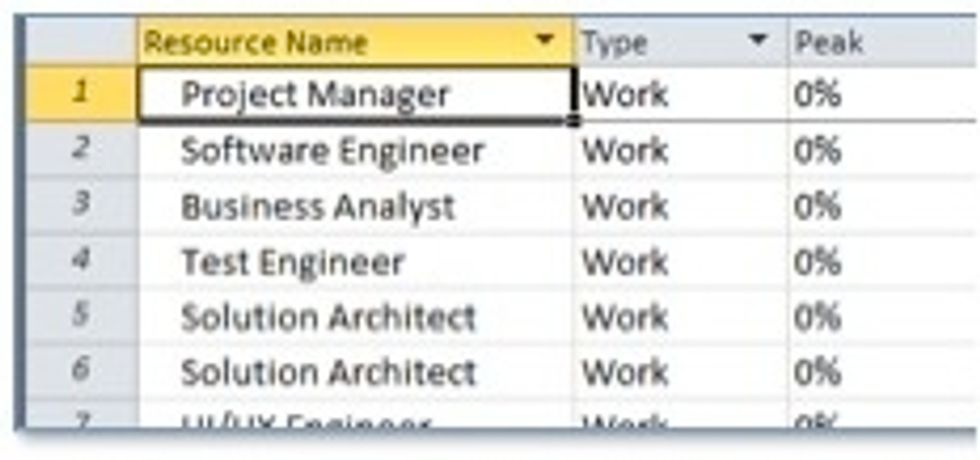 Resource Names are pre-loaded. You are free to change these resources to represent the particular project being worked. Key fields to enter are Resource Name and Company