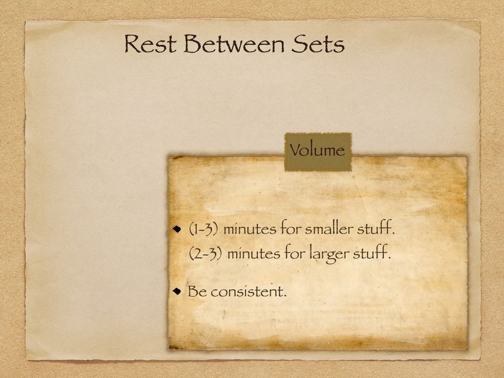Rest between sets. Rest (1-3) minutes for lighter exercises, and (2-3) minutes for heavier exercises.