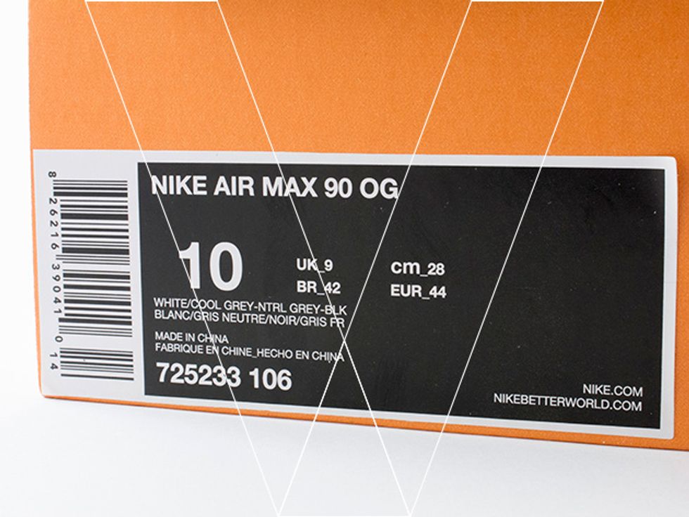 Retail box labels detail barcode, style name, size, color, country of manufacture and style number. Check the style number matches the shoe label and sales receipt.