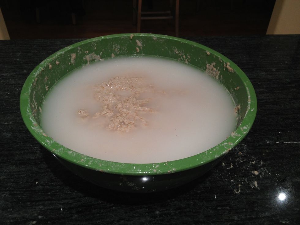 Return all of the dough to a mixing bowl and cover with warm water. Let sit for 30 minutes. You can use this time to assemble the ingredients for the stock.