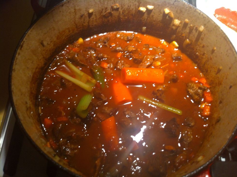 Return beef to pan & add white wine and porcini/chicken stock to cover beef. Cover with lid and simmer on low for 3 1/2 hours. Until beef is falling apart with flavor flaves.
