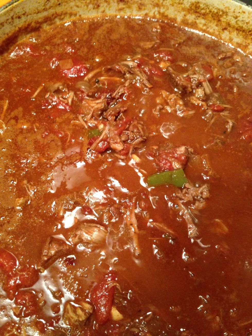 Return it to the pot, stir in the masa harina and chocolate, and cook for another 10 minutes, uncovered, to thicken. Taste and adjust seasoning.