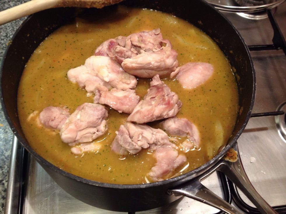 Return the chicken to the pan. Put the lid on, lower the heat and let it simmer for 45 minutes.