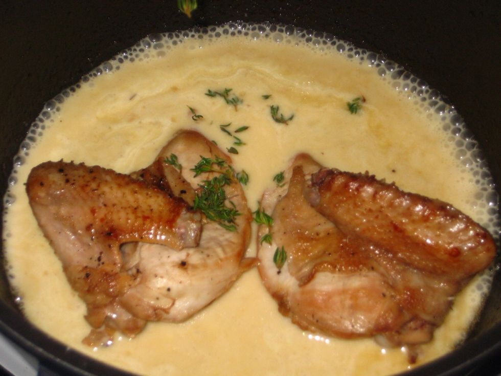 Return the chicken to the sauce as well as the thyme.