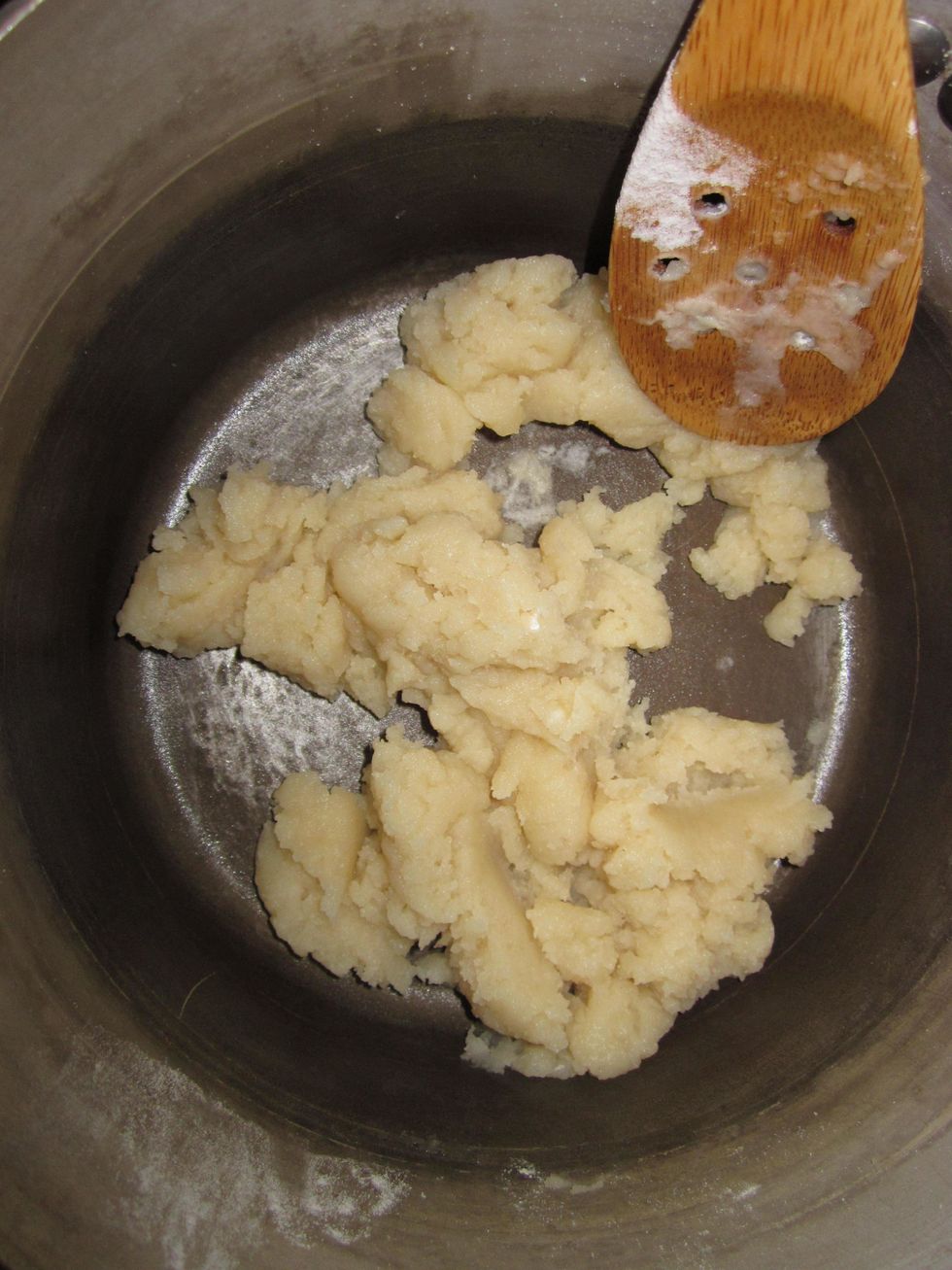 Return to heat, keep stirring until all the flour is incorporated, the dough pulls away from the sides, and a film forms on the bottom of the pan.