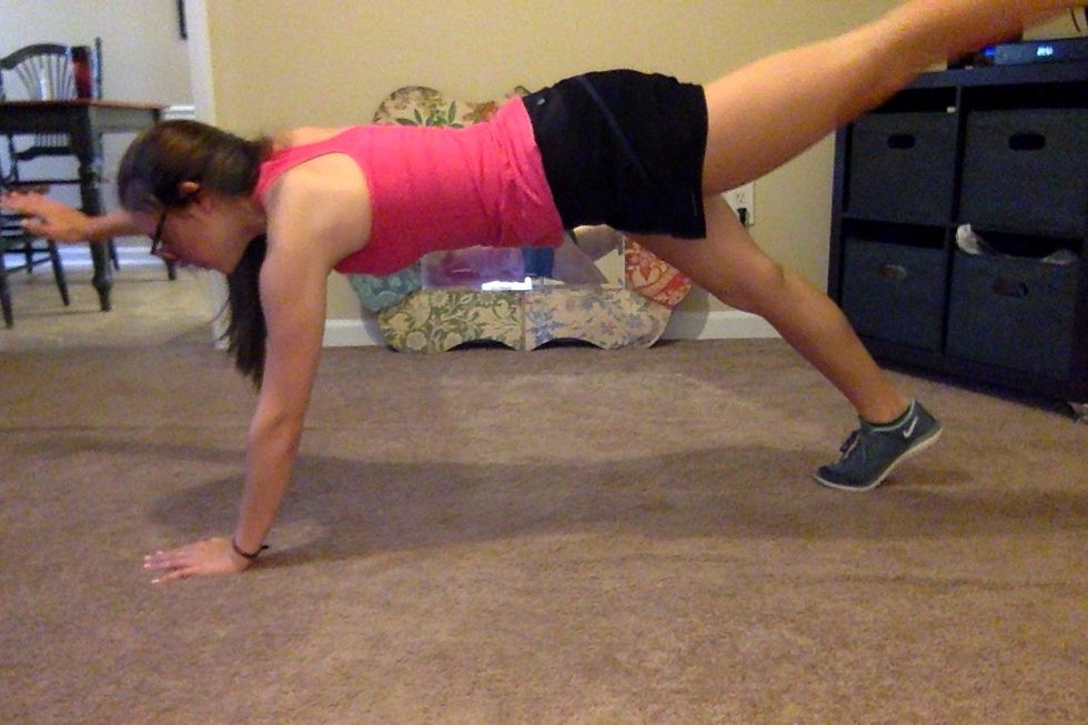 Return to plank position and repeat, lifting left hand and right leg. This is a great core exercise because your back is engaged, too.