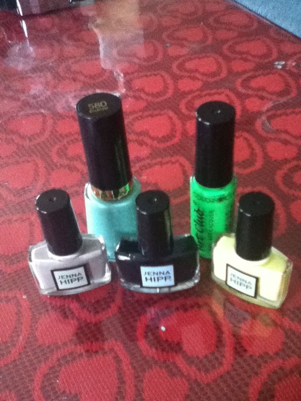Revlon- Eclectic Color Club- neon green Jenna Hipp- Ooh La Latte Jenna Hipp- Night Cap Jenna Hipp- Say Yellow To My Little Friend
