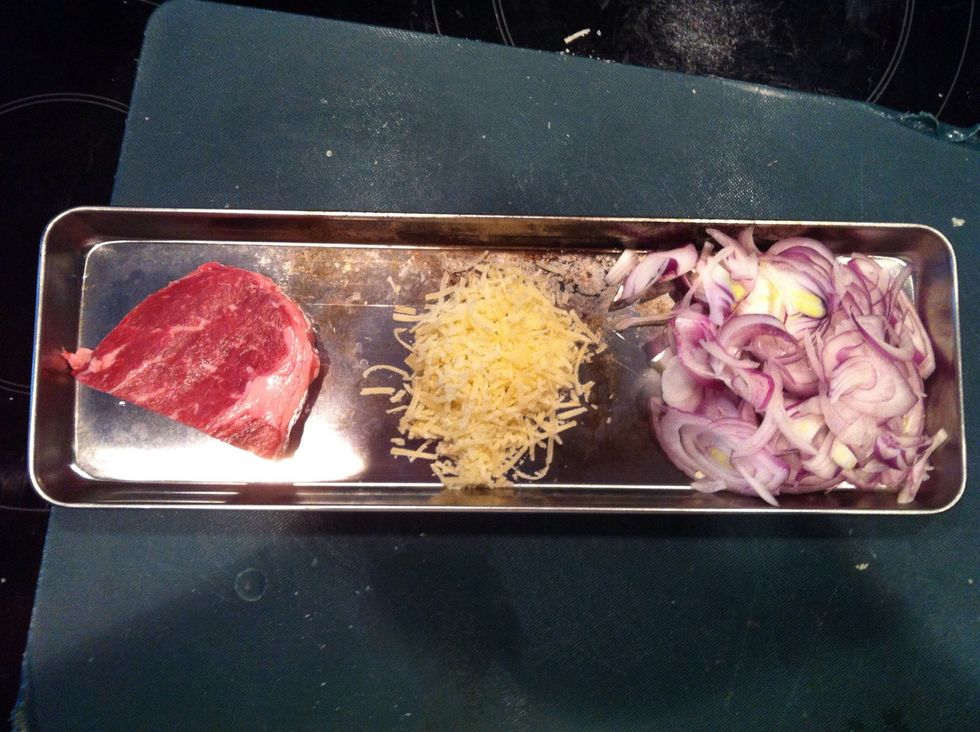 rib eye salt and pepper Grated cheese Slice red onion