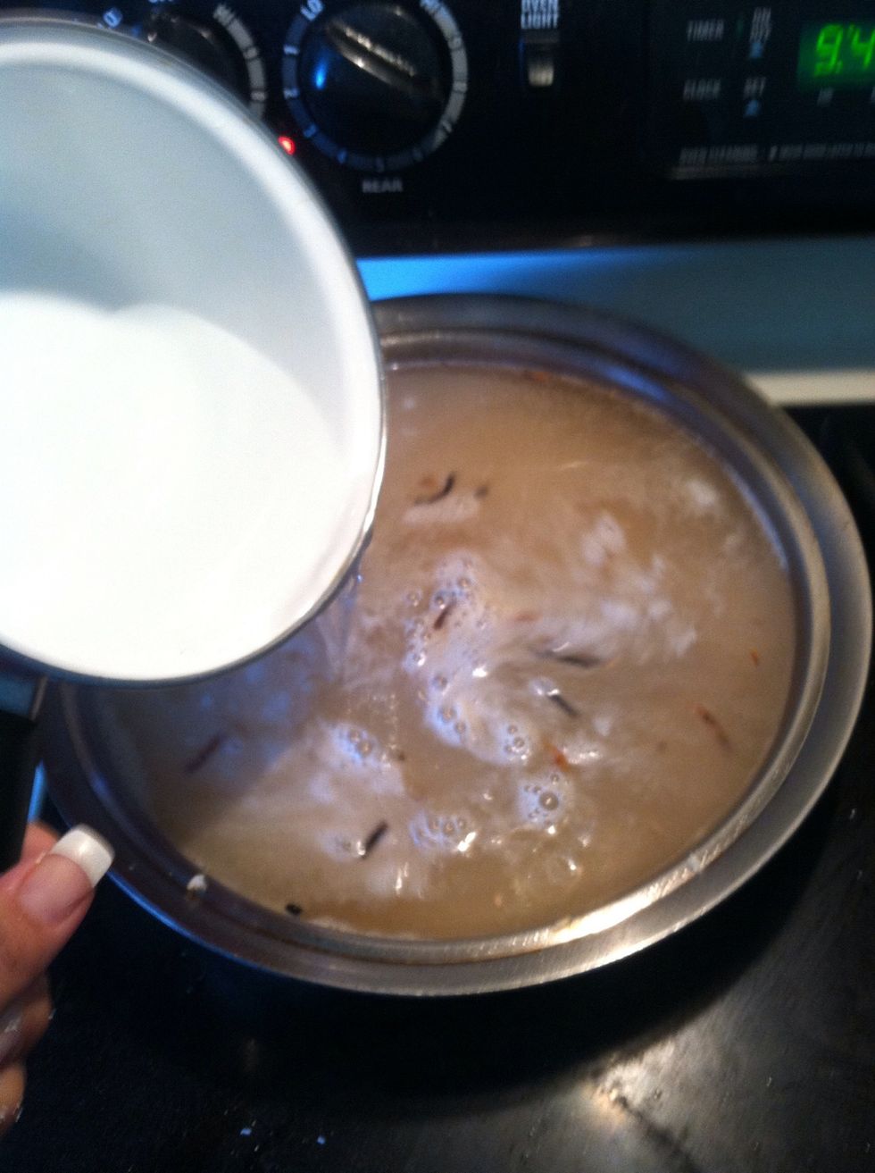 Rice needs to be moved around every few seconds, when browning is noticed add water to top of pan.