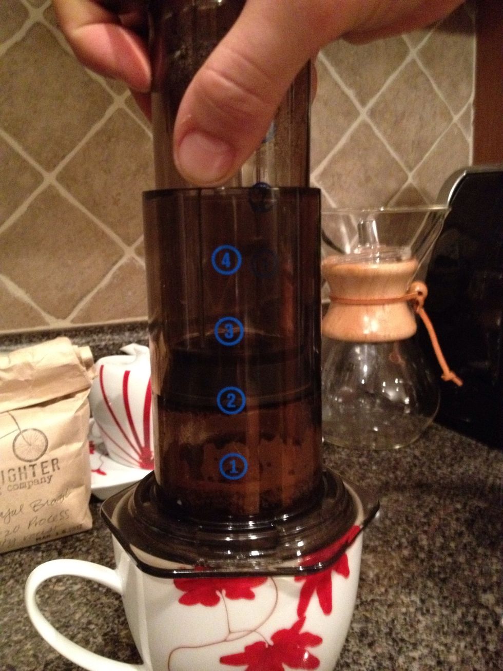 Right between the 2 mark and 3 mark you should hear a hiss. That means all the water has been pushed through the grinds and you're done.