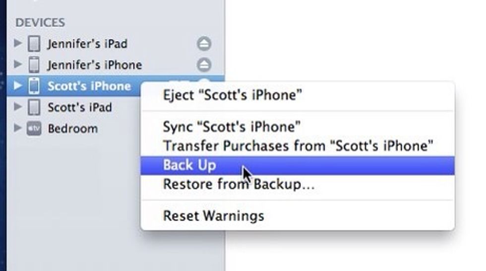 Right-click (or control + click) on the same device again but this time choose "Backup" from the contextual menu. This creates a backup image of the device so you can restore it later.