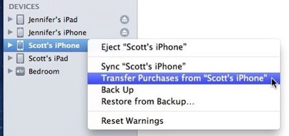 Right-click (or control + click) on your device and select "Transfer Purchases..." to copy any new purchases to your computer for safe keeping.