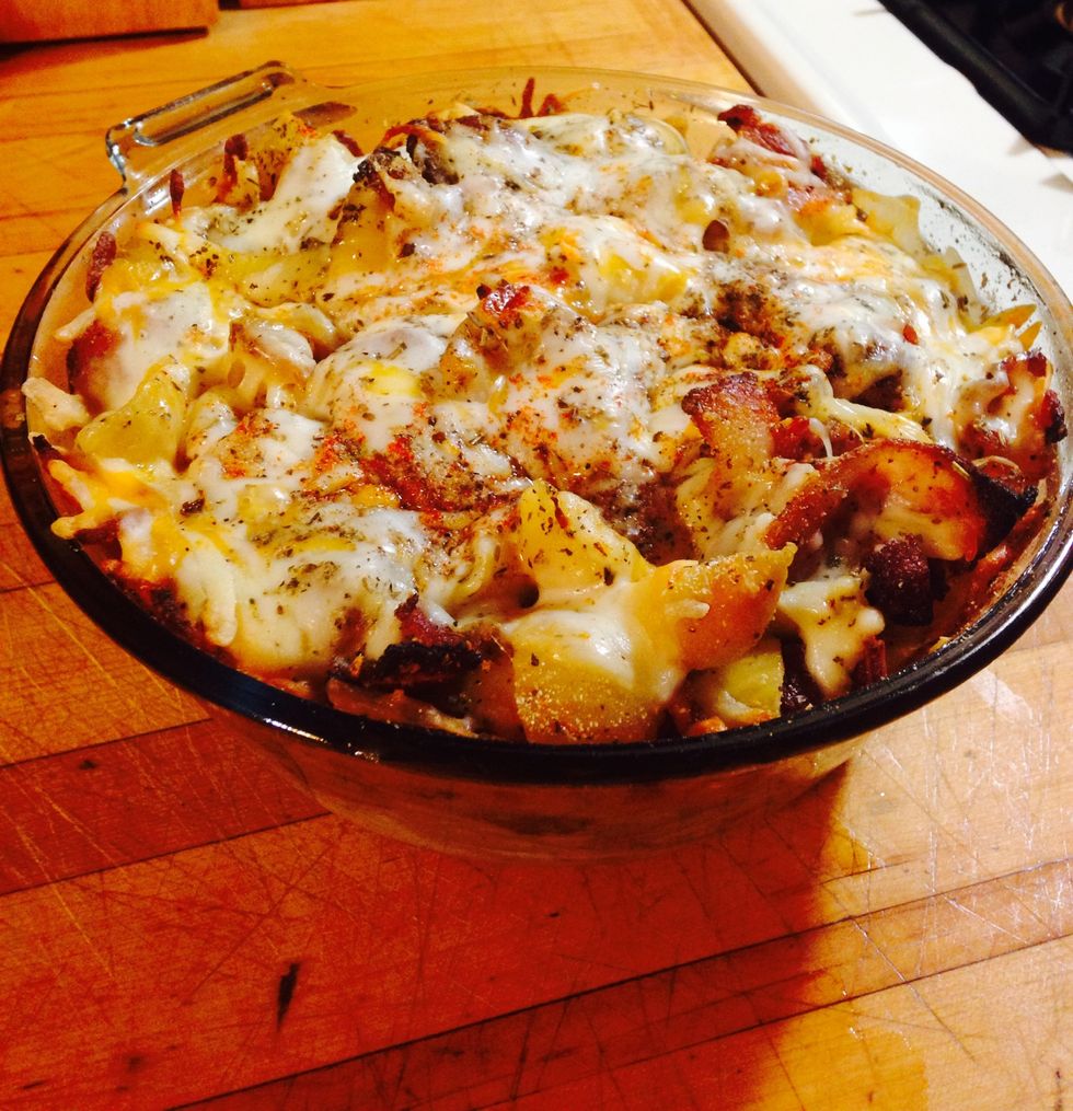 Right out of the oven. The secret to get it nice and moist is to add a touch of milk when done layering and to cook in a water bath. Cover and cook on 450 .