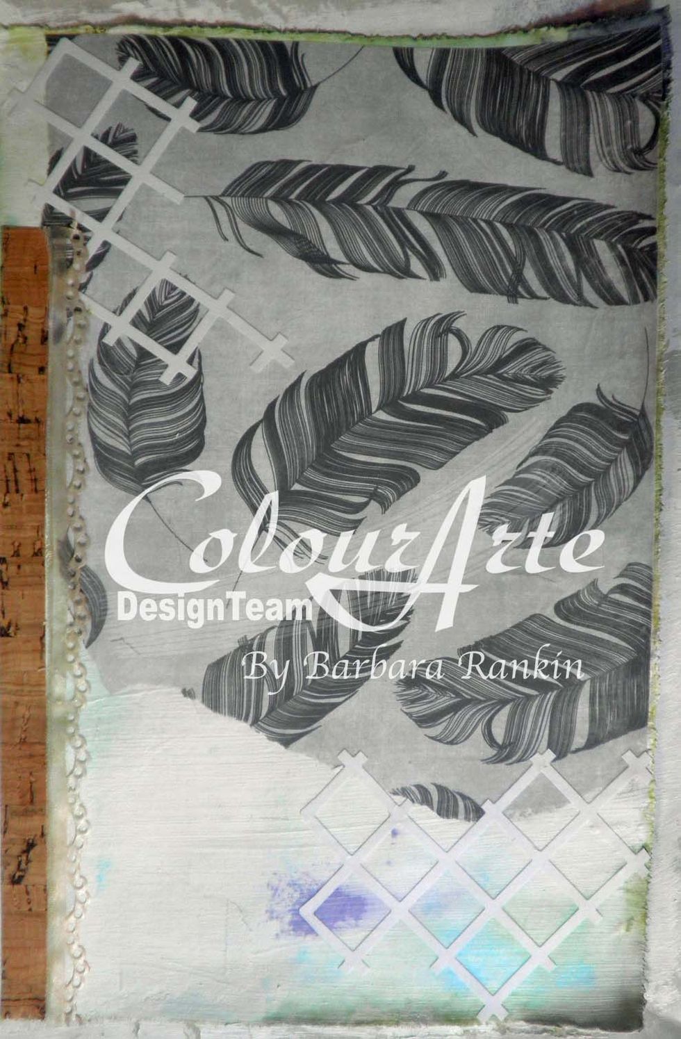 Right page: Adhere torn scrap of printed feathers paper to upper right, pieces of a cut apart lattice die cut from white paper, a strip of cork paper, and the scalloped edge of a piece of ribbon.