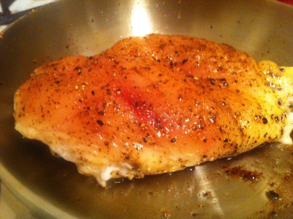 Right. Your chicken has been face down this whole time and you haven't touched it, RIGHT?     Good. Let it cook about 75% of the way up the sides. Then, and only then, flip it!