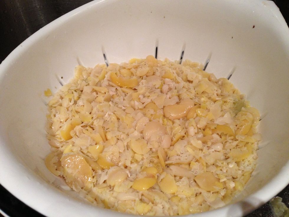 Rinse and drain your favas and remove the kombu. Since I knew I'd be pur\u00e9eing the beans I wasn't vigilant about checking them and they got overlooked. Don't worry it's just fine for this recipe!