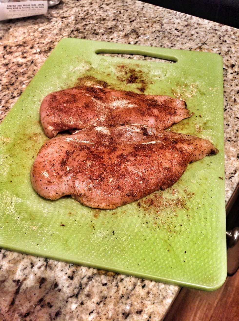 Rinse chicken breast, pat dry, and season with Taco Bell seasoning pack. Allow chicken to sit while you prep the casserole.