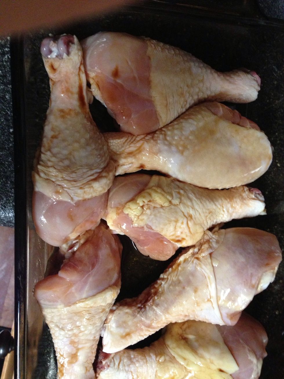 Rinse chicken & place in baking dish. The first thing I do is splash on the liquid smoke on both sides of the chicken. The flavor will seep into the chicken & make it tender as well.